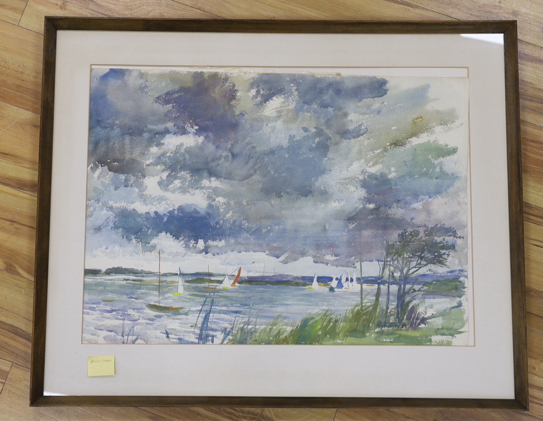 Charles Mozley (1915-1991) watercolour on paper, Coastal scene with yachts, label verso, 74 x 55cm